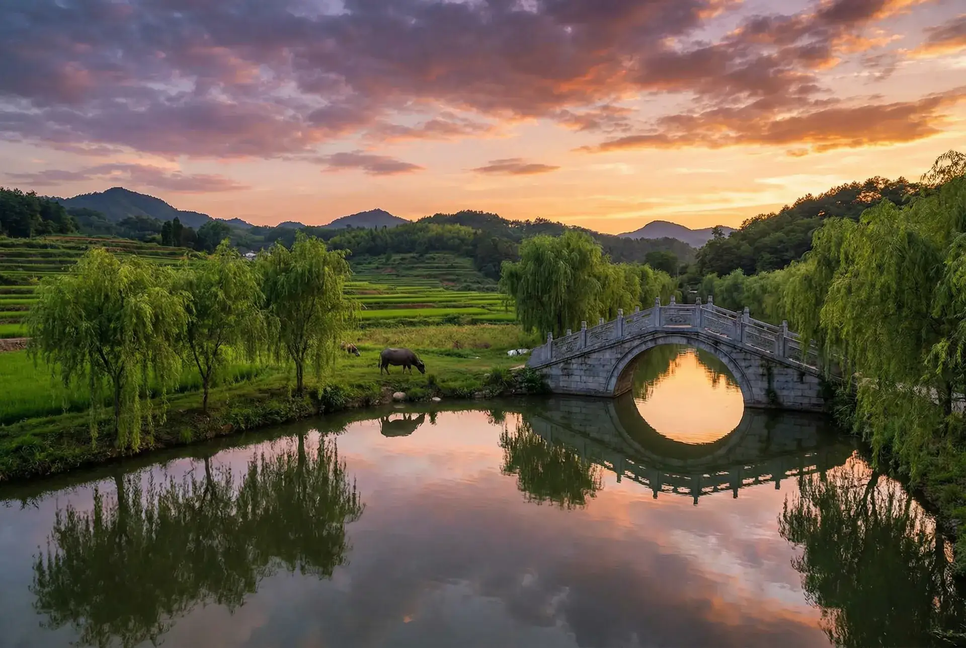 夕阳下的石拱桥与垂柳，水牛在河边吃草 - 欧美年轻RAPPER潮大豆行情 乡村美景